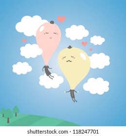 Romantic balloons in the sky with clouds. Love vector illustration for the Valentine`s day.