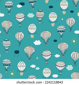 Romantic balloons in the sky vector seamless pattern.