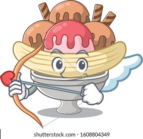 Romantic banana split Cupid cartoon character with arrow and wings