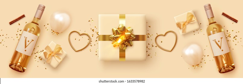 Romantic banner. Festive background with realistic design objects, gift box, balloons, bottle of alcoholic wine, 3d heart shape. Flat top view. Horizontal header for website. Vector illustration