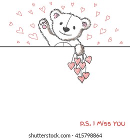 Romantic banner with hand drawn cute bear holding hearts. I  miss you. Vector illustration