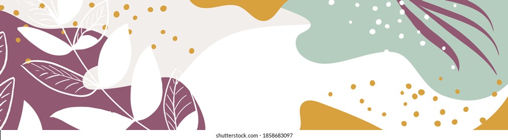 Romantic banner with organic shapes, leaves, branch and plants. Abstract natural elements in trendy doodle style for holiday. Simple, stylish, minimal design. Contemporary modern trendy vector 
