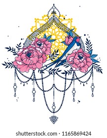 romantic banner with swallow, peony flowers and decorative frame, vector illustration