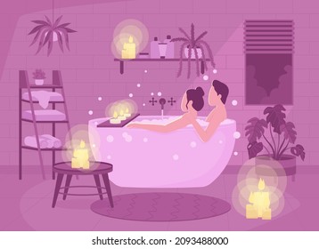 Romantic Bath Together Flat Color Vector Illustration. Man And Woman Sitting In Bathtub. Candlelight For Date Night. Boyfriend And Girlfriend 2D Cartoon Characters With Interior On Background