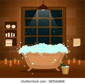 romantic bathroom interior with bathtub with bubbles