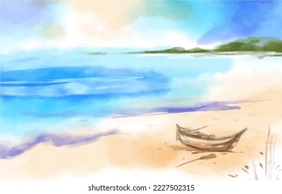 Romantic beach and fisherman watercolor background