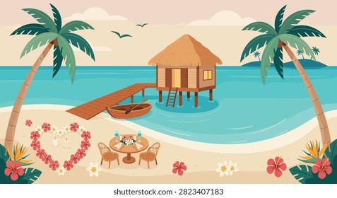 A romantic beach scene featuring a heart-shaped flower arrangement, a dining table for two, and a tropical overwater bungalow on a serene island.