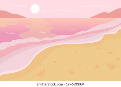 Romantic beach scenery flat color vector illustration. Summer vacation. Summertime trip to tropical resort. Hawaii retreat. Pink sunset sea scene 2D cartoon landscape with seascape on background