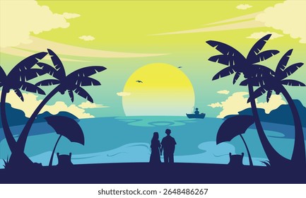 A romantic beach sunset with a couple holding hands, palm trees, and a boat on the ocean