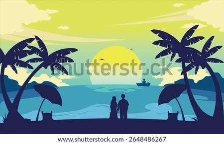 A romantic beach sunset with a couple holding hands, palm trees, and a boat on the ocean