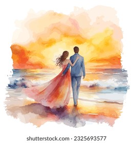 A romantic beach wedding, where the groom is carrying the bride in his arms, and both are looking out at the sunset