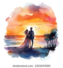 A romantic beach wedding, where the groom is carrying the bride in his arms, and both are looking out at the sunset