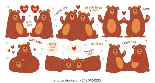 Pareja de osos románticos que aman a los personajes de dibujos animados grizzly divertidos masculinos y femeninos ilustración vectorial. Lindo adorable animal salvaje del bosque que celebra el día de San Valentín de vacaciones aislado sobre fondo blanco