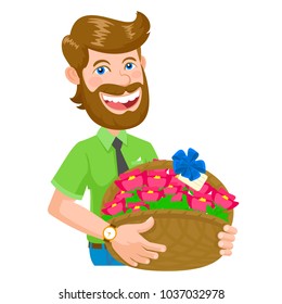 Romantic bearded man with a wicker basket of flowers. Man with a bouquet of flowers.