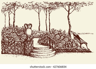 Romantic beautiful classic outdoor elegant cozy rest place with old urn on luxury patio with space for text on sky. Freehand ink hand drawn picture background sketch in art doodle style pen on paper