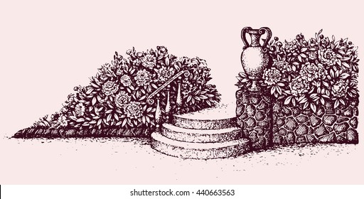 Romantic beautiful classic outdoor elegant cozy rest place with old urn on luxury patio with space for text on sky. Freehand ink hand drawn picture background sketch in art doodle style pen on paper