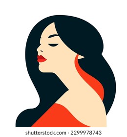 Romantic beautiful fashion woman avatar red lips and dress minimalist portrait vector flat