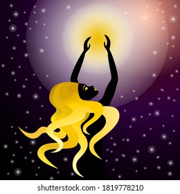 Romantic beautiful girl wants to get to moon. Vector illustration.