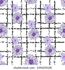 Romantic beautiful linear flowers of daisies. Print wrapping monochrome. Organic vector pattern background. With hand-drawn elements in the background