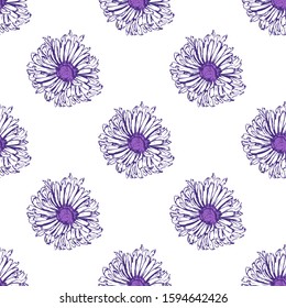 Romantic beautiful linear flowers of daisies, chrysanthemums. Print wrapping monochrome. Organic vector pattern background. 