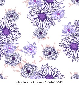Romantic beautiful linear flowers of daisies, chrysanthemums. Print wrapping monochrome. Organic vector pattern background. 