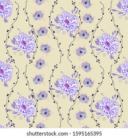 Romantic beautiful linear flowers of daisies. Print wrapping monochrome. Organic vector pattern background. With hand-drawn elements in the background