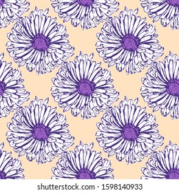 Romantic beautiful linear flowers of daisies, chrysanthemums. Print wrapping monochrome. Organic vector pattern background. 