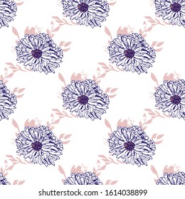 Romantic beautiful linear flowers of daisies, chrysanthemums. Print wrapping monochrome. Organic vector pattern background. 