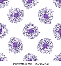 Romantic beautiful linear flowers of daisies, chrysanthemums. Print wrapping monochrome. Organic vector pattern background. 