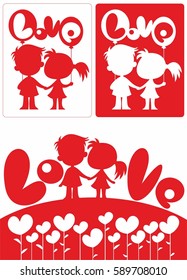 Romantic beautiful white and red concept with happy amorous couple of children heart bubbles and balloons vector illustration