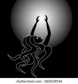 Romantic beautiful woman wants to get to moon. Vector contour illustration.