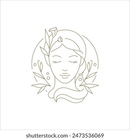 Romantic beauty female portrait with organic flower in circle frame linear logo vector illustration. Elegant feminine botanical blossom woman face golden minimalist emblem for skin care cosmetics