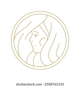 Mulher de beleza romântica rosto cabelo em círculo quadro mínimo linha dourada arte ícone vetor ilustração. Elegante feminino jovem modelo senhora rodada retrato logotipo para coiffure cabeleireiro maquiagem moda marca