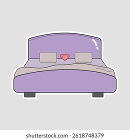 Romantic Bed with Heart Pillow Vector Illustration. Minimalist bed with heart pillow in flat style. Perfect for wedding, honeymoon, or romantic couple themed designs