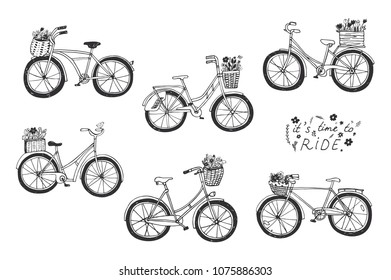 Romantic bicycles with a flower baskets in pastel colours. Vector doodle hand drawn illustration.