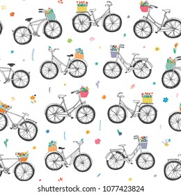 Romantic bicycles with a flower baskets in pastel colours. Vector doodle hand drawn seamless pattern.