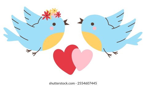 Romantic Birds and Hearts. Adorable Birds in Love. Bird Couple with Hearts. Vector illustration, flat style