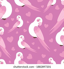 Romantic birds and pink hearts seamless pattern. Vector illustration.