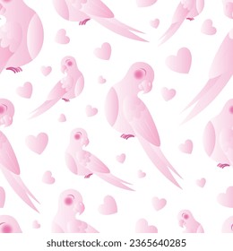 Romantic birds and pink hearts seamless pattern. Vector illustration.