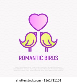 Romantic birds thin line icon: two sparrows with heart, symbol of love. Modern vector illustration.