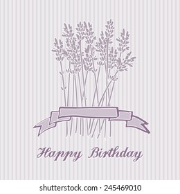 Romantic birthday card with lavender bouquet, invitation, vector background