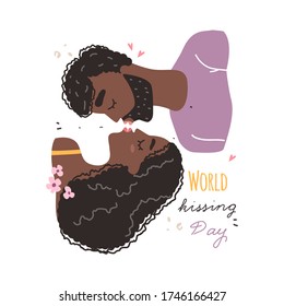 Romantic black african american couple in love kissing. World kissing Day. Vector illustration