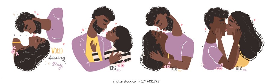 Romantic black african american couple in love kissing. World kissing Day. Vector illustration