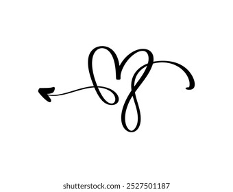 Romantic black arrow forming a heart with a flowing line, perfect for Valentines Day designs, love themed projects, greeting cards, and creative decorative elements.