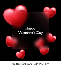 Romantic black background with blurred floating red hearts and matte glass frame in glassmorphism style. Vector for Valentine's Day banner, medical, health art, wedding presentation, dating app, gift