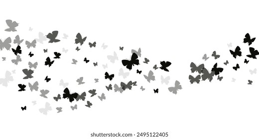 Fondo de Vector de dibujos animados de mariposas negras románticas. Verano hermosos insectos. Mariposas salvajes dibujos animados niños ilustración. Diseño gráfico de polillas de alas sensibles. Seres tropicales.