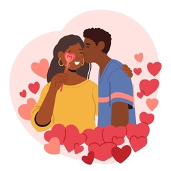 Romantic Black Couple Characters Share Tender Moment, Surrounded By A Cascade Of Hearts In A Blissful Kiss. Their Love, A Testament To A Deep, Enchanting Connection. Cartoon People Vector Illustration
