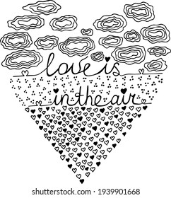 Romantic black and white abstract design. Love is in the air. Elegant heart shaped drawing. Abstract ornamental composition. Poster design element. Isolated hand drawn vector illustration. 
