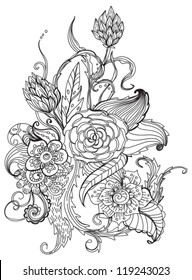 Romantic black and white hand drawn floral ornament for holiday design, vector