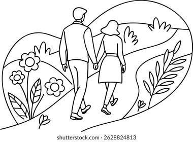 Ilustração romântica em preto e branco de um casal de mãos dadas enquanto passeiam ao longo de um caminho com flores